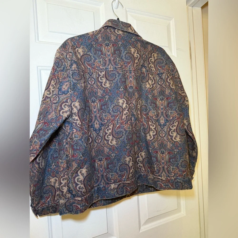 Norm Thompson Vintage Paisley Print Denim Jacket Size XL Red Blue Tan USA Boho